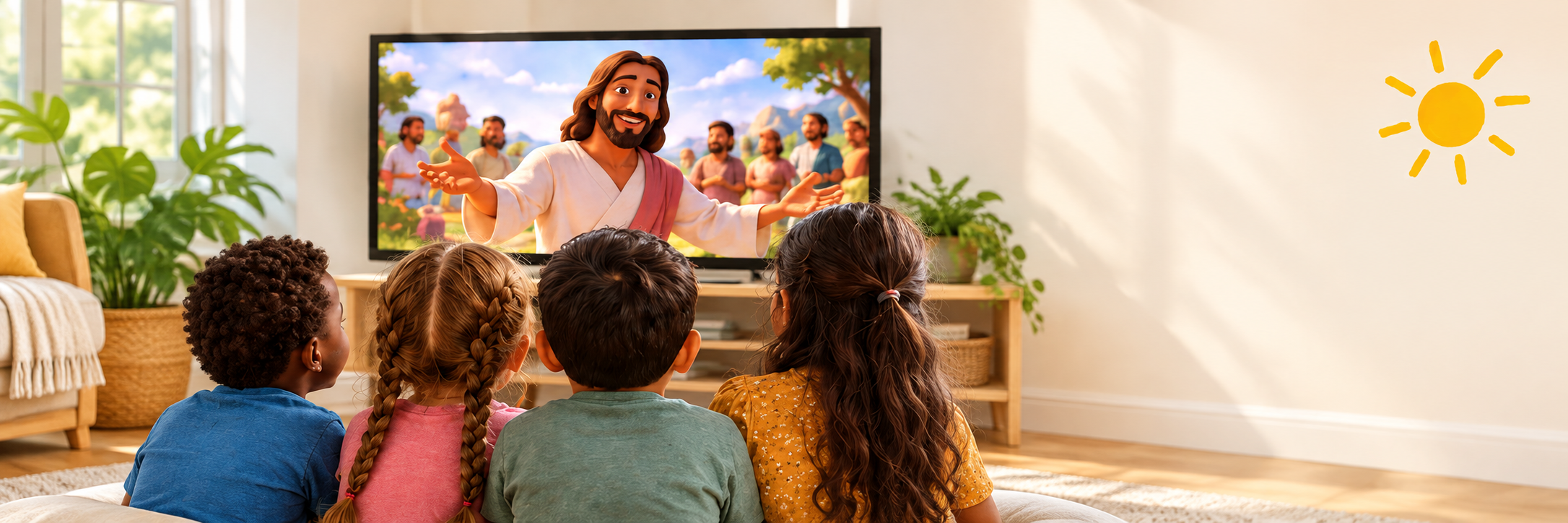 Illustration of children watching an animated Bible story together